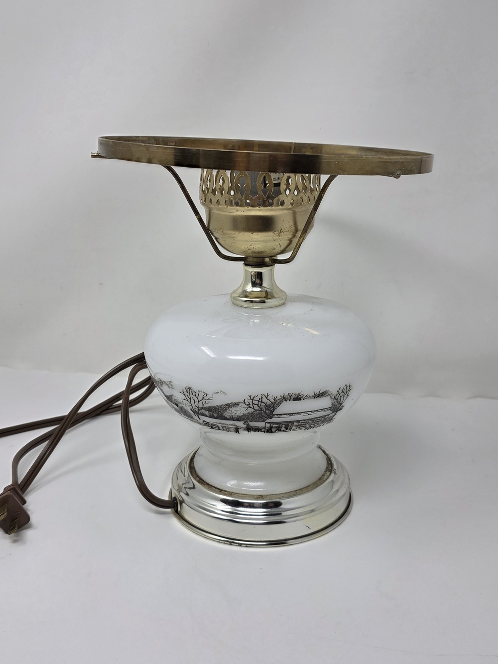 Vintage White Milk Glass Table Lamp Base with brass Frame - For Parts 10"